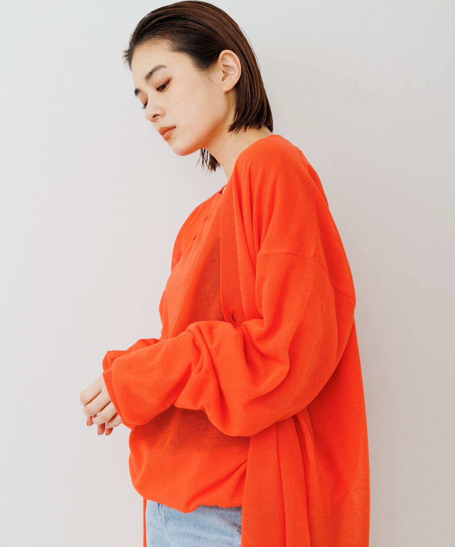 ADAM ET ROPE'「【WEB限定】麻調 ロングルーズ シアー サマーニット ロングカーディガン / ユニセックス」|カーディガン|オレンジ(70)