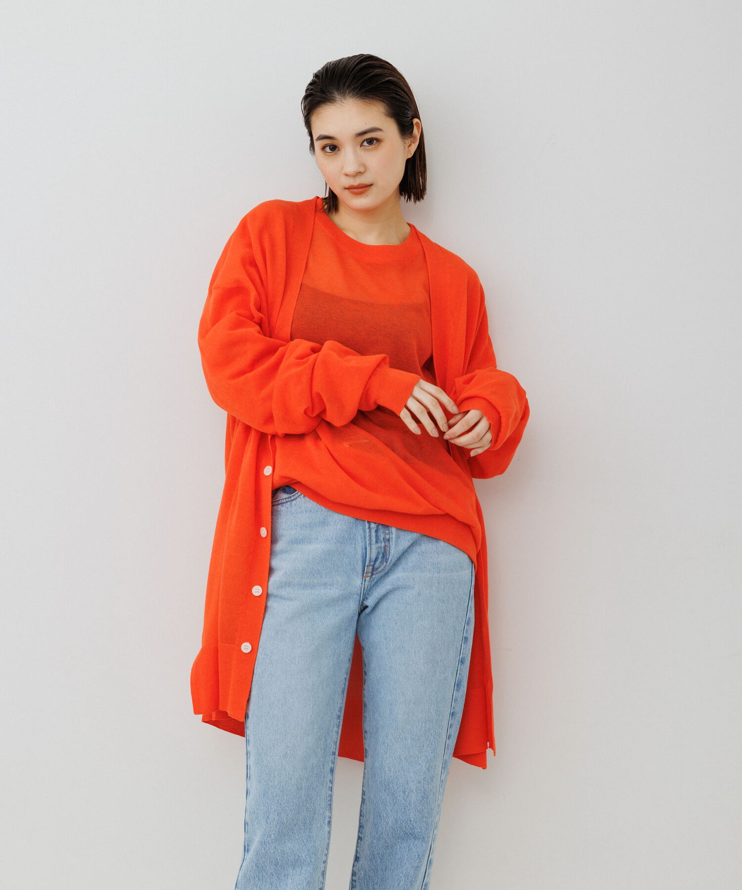 ADAM ET ROPE'「【WEB限定】麻調 ロングルーズ シアー サマーニット ロングカーディガン / ユニセックス」|カーディガン|