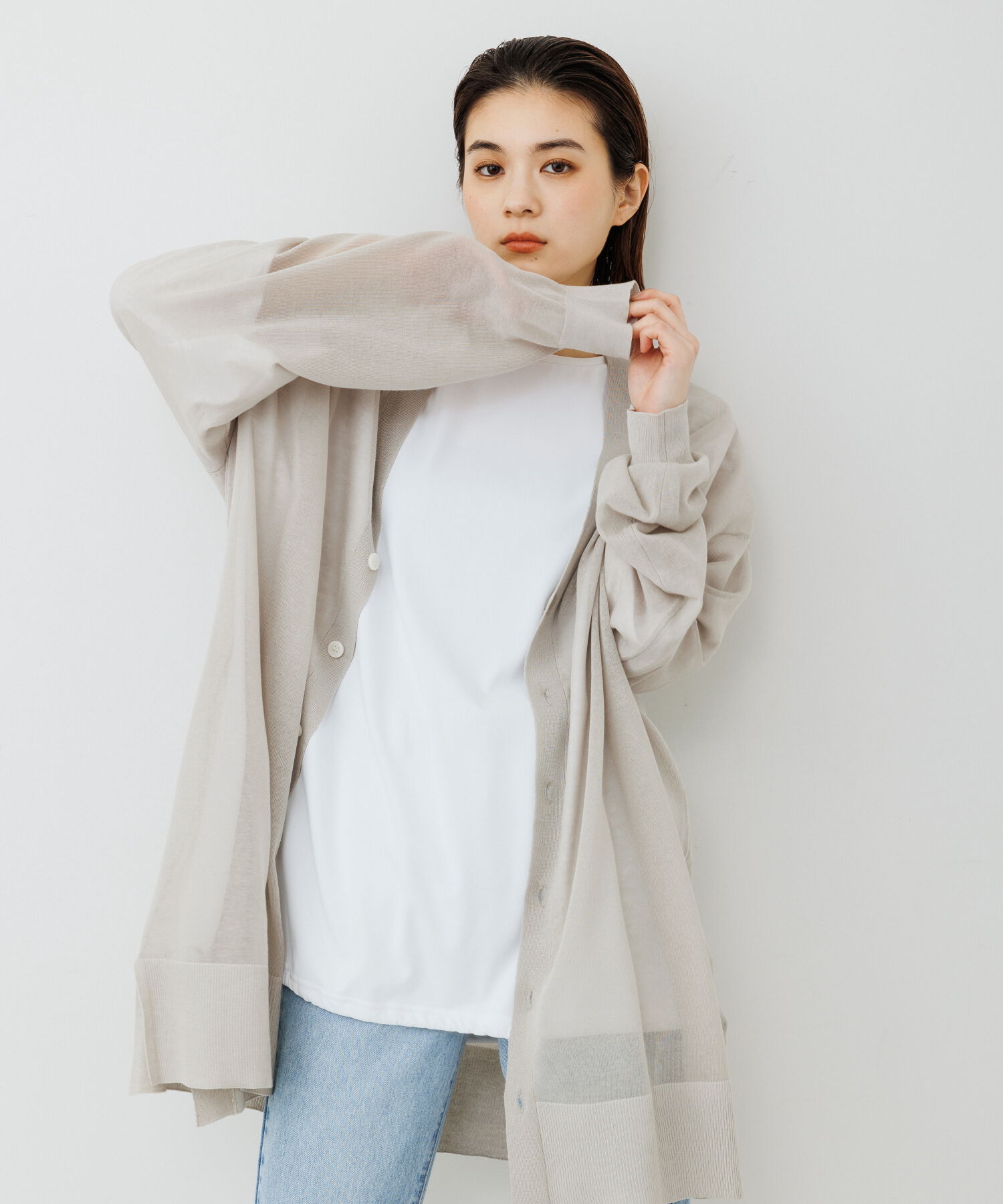 ADAM ET ROPE'「【WEB限定】麻調 ロングルーズ シアー サマーニット ロングカーディガン / ユニセックス」|カーディガン|