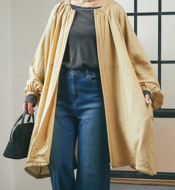  「《さっと羽織れる軽量アウター》麻調シアーロングブルゾン」|その他|ベージュ