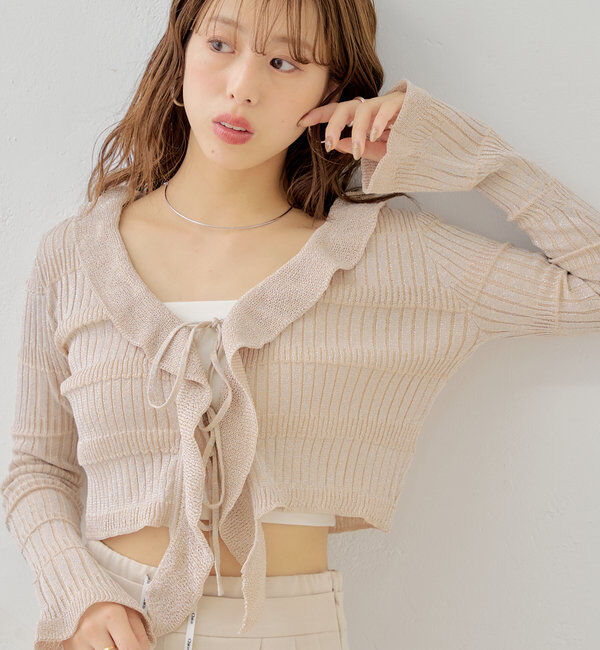  「ラメシアーフリルチビカーディガン」|カーディガン|ピンクベージュ