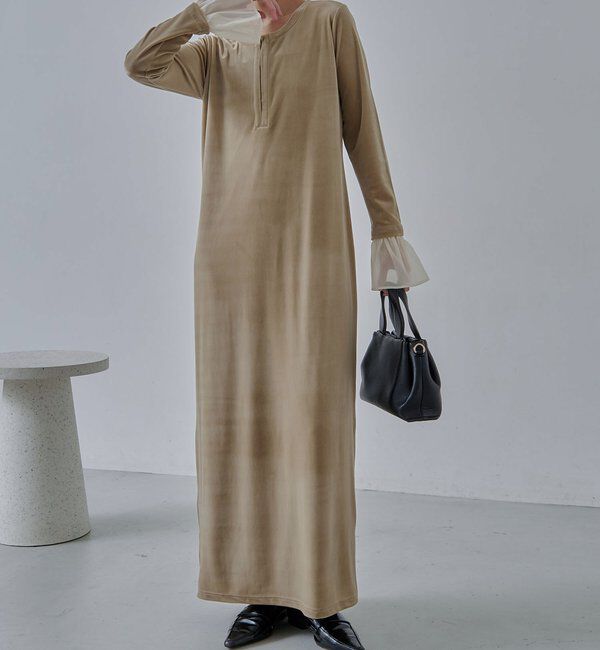  「【低身長サイズあり】フレアスリーブベロアワンピース」|ワンピース|ベージュ