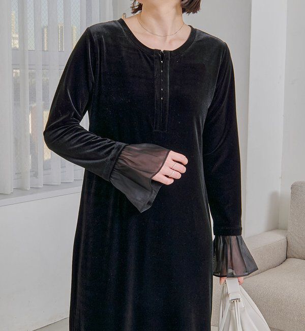  「【低身長サイズあり】フレアスリーブベロアワンピース」|ワンピース|
