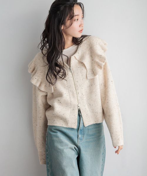 LOWRYS FARM「フリルＢＩＧカラーカーディガンＬＳ」|ニット・セーター|