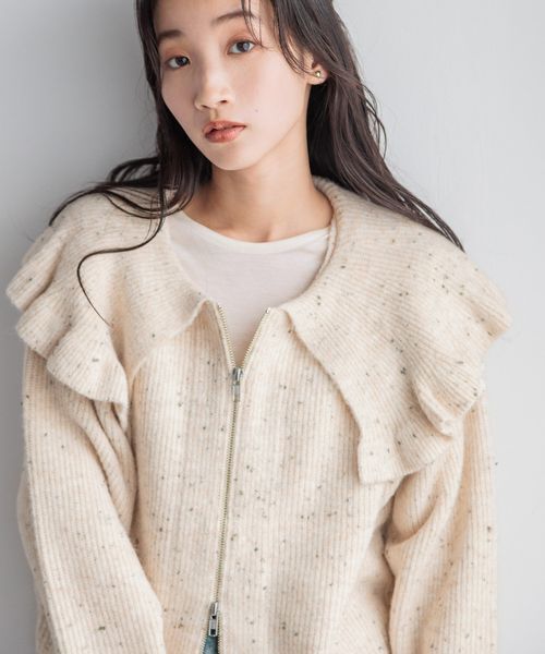 LOWRYS FARM「フリルＢＩＧカラーカーディガンＬＳ」|ニット・セーター|