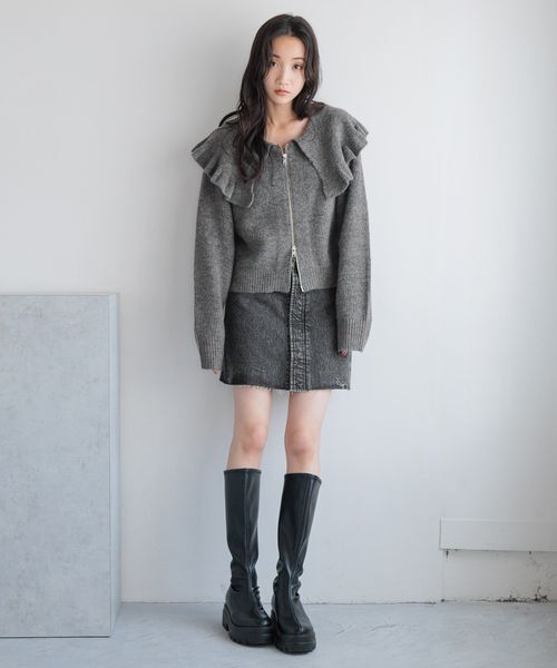 LOWRYS FARM「フリルＢＩＧカラーカーディガンＬＳ」|ニット・セーター|