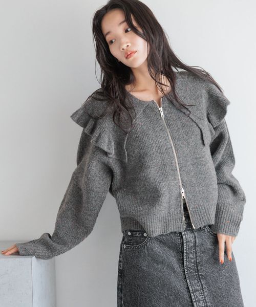 LOWRYS FARM「フリルＢＩＧカラーカーディガンＬＳ」|ニット・セーター|