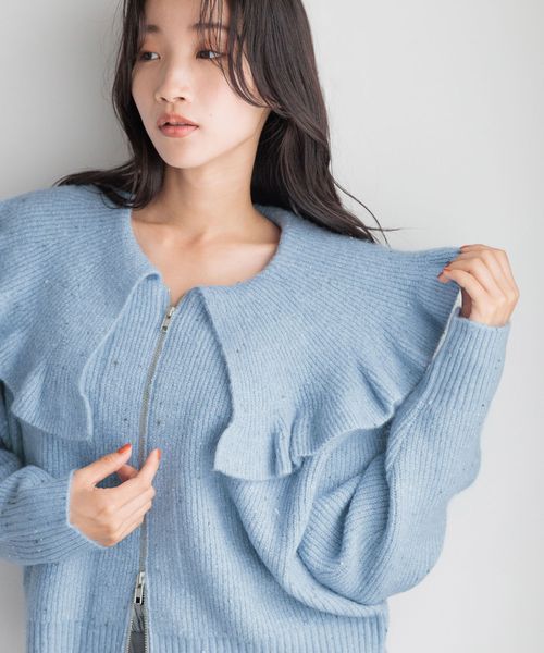 LOWRYS FARM「フリルＢＩＧカラーカーディガンＬＳ」|ニット・セーター|