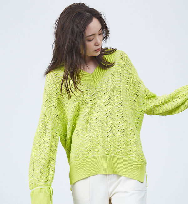 qualite「変形スリーブヘリンボーンニット」|ニット・セーター|ライム