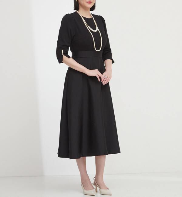  「袖口パール異素材ワンピース」|ワンピース|ブラック