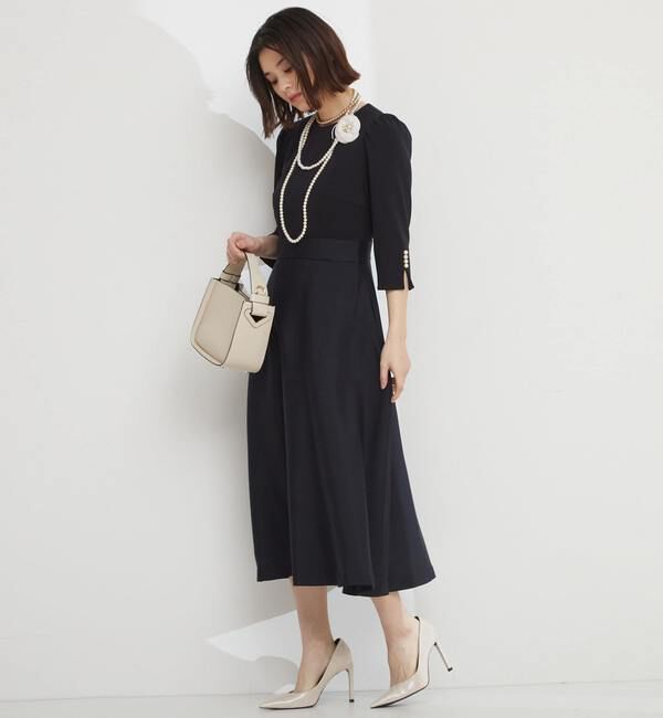  「袖口パール異素材ワンピース」|ワンピース|