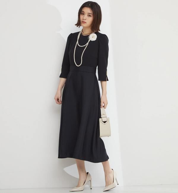  「袖口パール異素材ワンピース」|ワンピース|