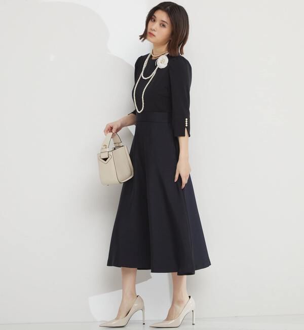  「袖口パール異素材ワンピース」|ワンピース|