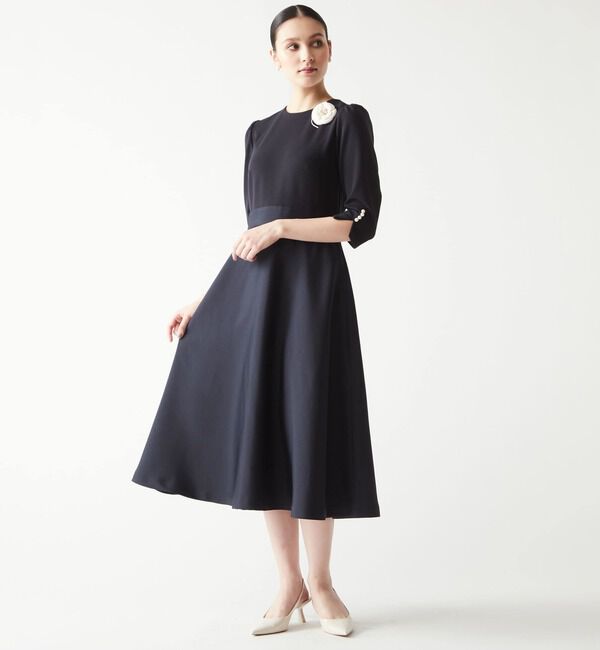  「袖口パール異素材ワンピース」|ワンピース|