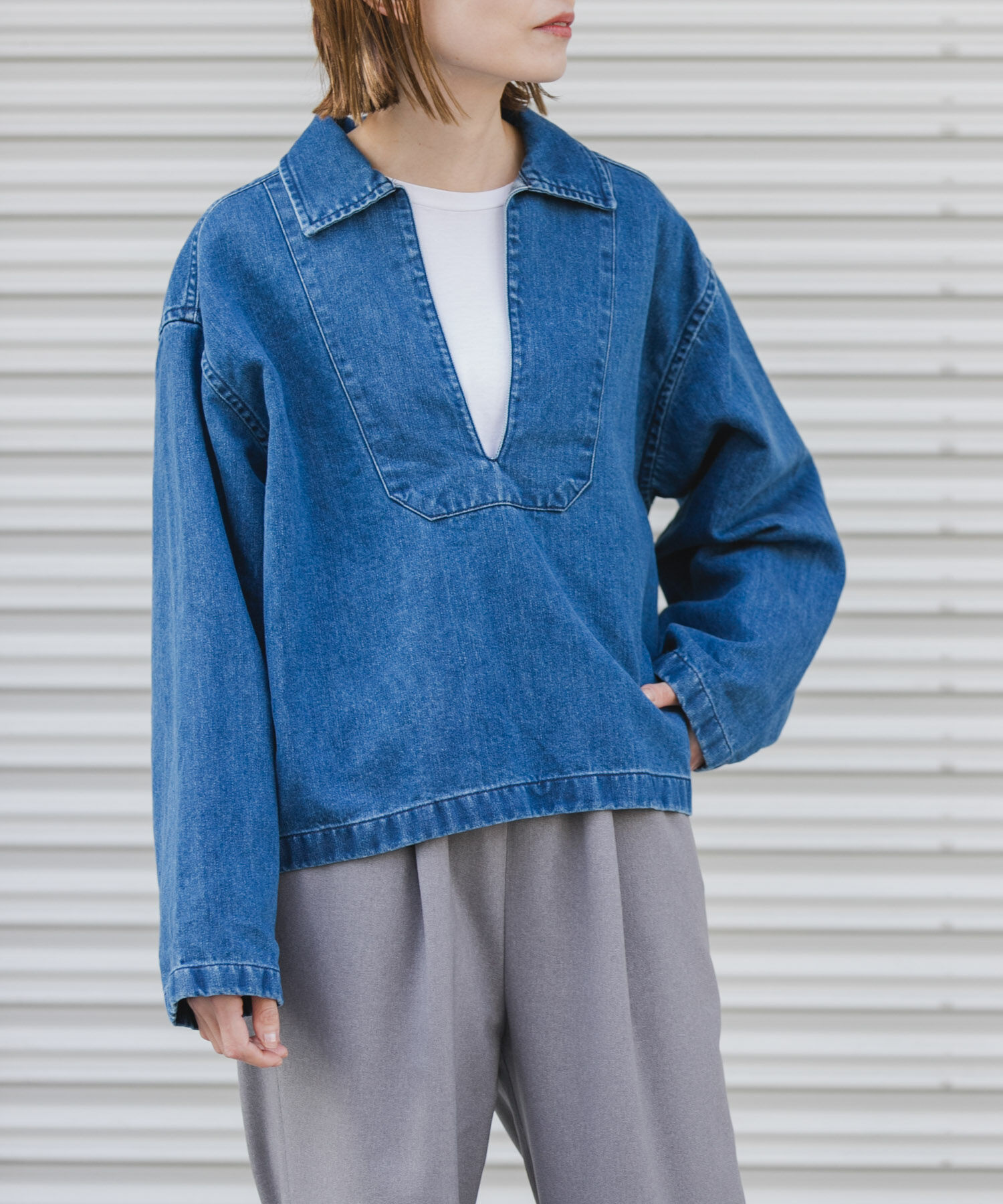 URBAN RESEARCH DOORS「FORK&SPOON　ペーパーデニムスキッパーシャツ」|Tシャツ・カットソー|ブルー