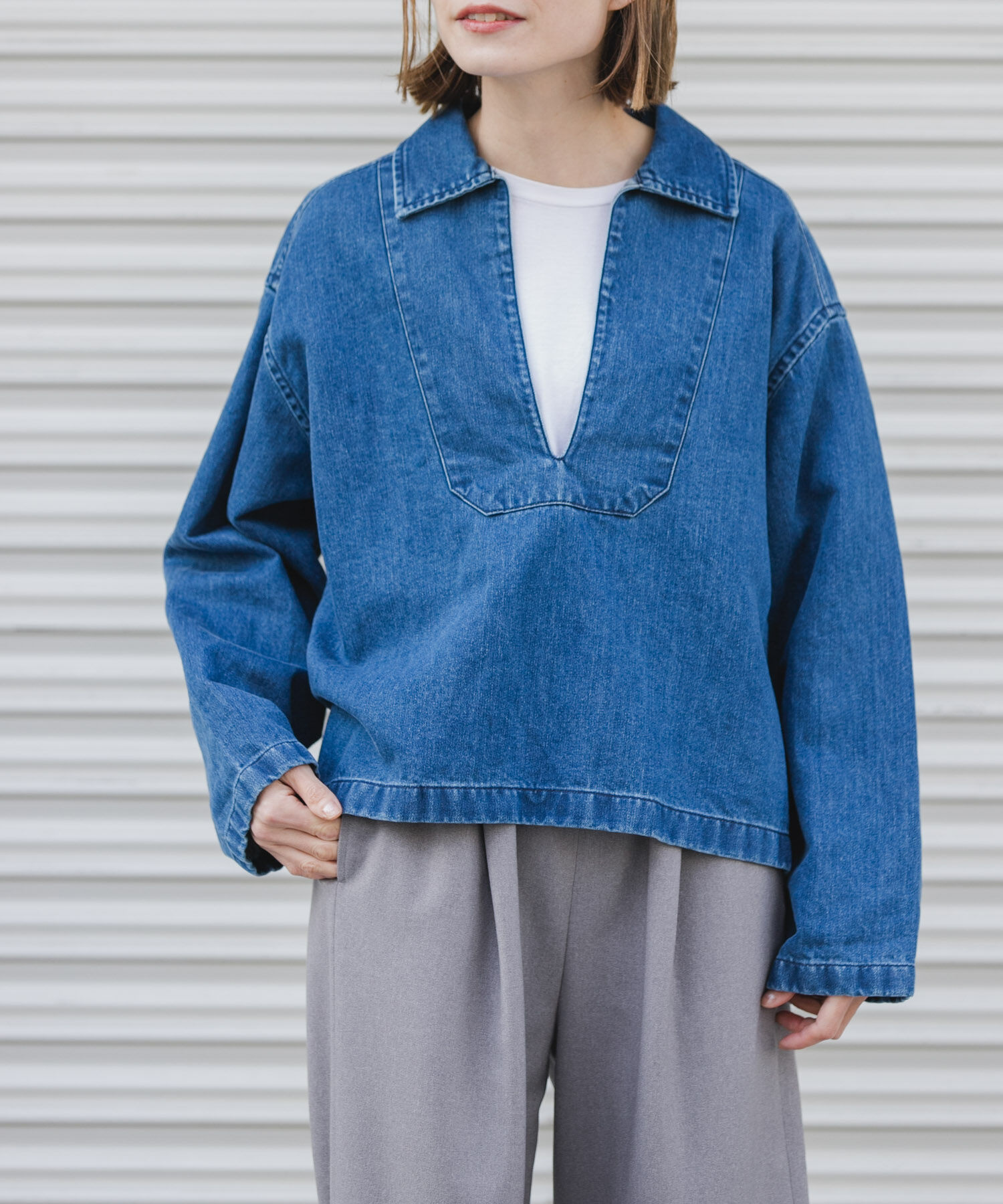 URBAN RESEARCH DOORS「FORK&SPOON　ペーパーデニムスキッパーシャツ」|Tシャツ・カットソー|