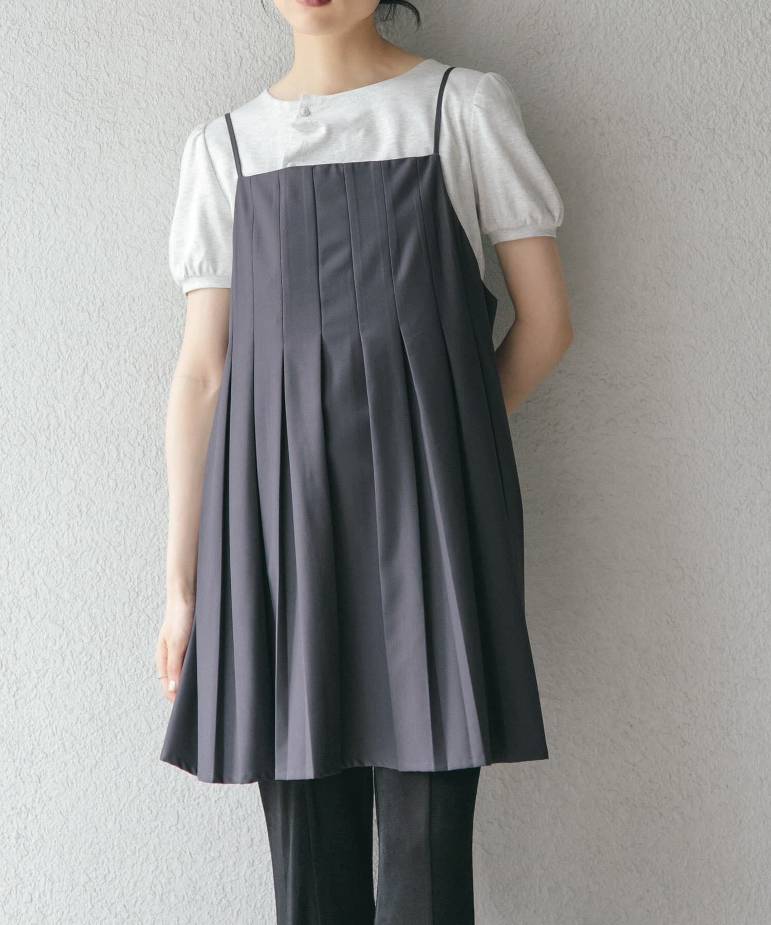  「タックプリーツミニワンピース」|ワンピース|チャコールグレー