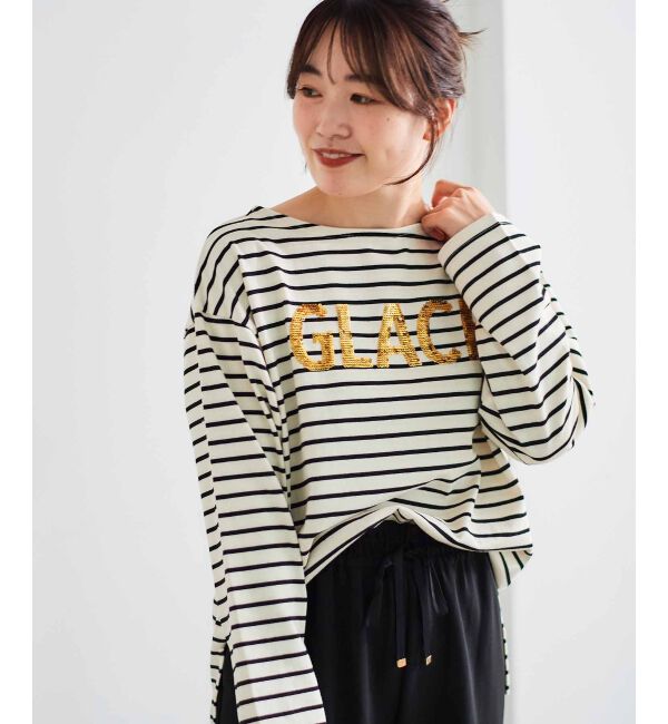 le.coeur blanc「《手洗い可能》GLACEスパンコールロゴボーダー」|Tシャツ・カットソー|