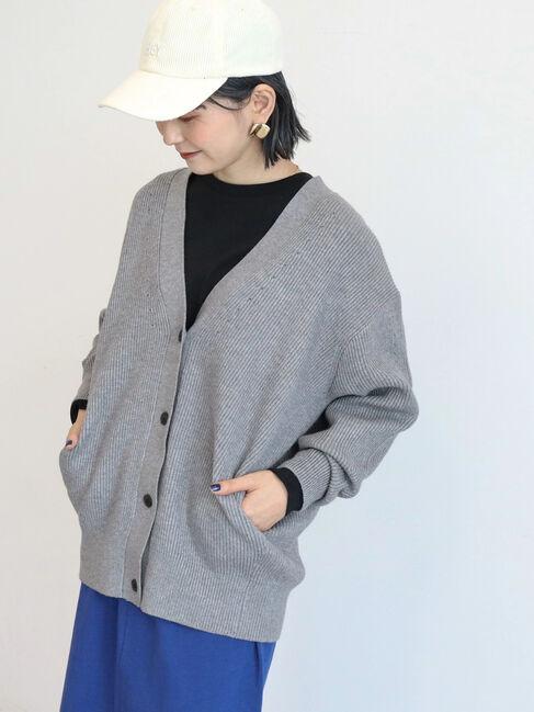  「パチパチしにくいVネック片畦ニットカーディガン」|カーディガン|杢グレー