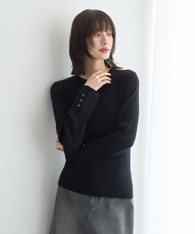 YECCA VECCA「袖釦クルーネックリブニット」|ニット・セーター|Black