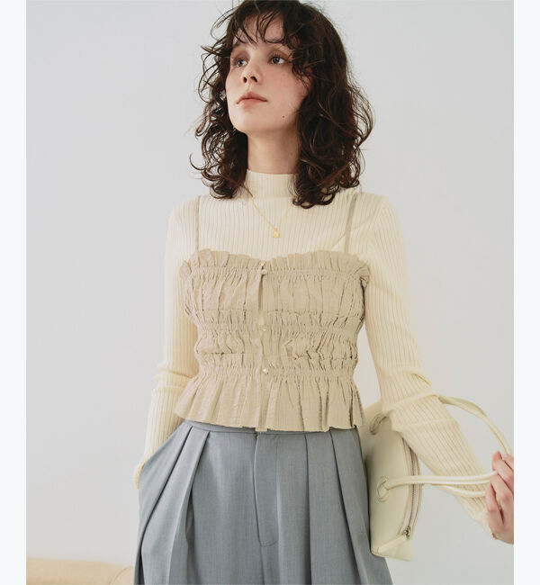 titivate「シャーリングフリルビスチェキャミソール」|キャミソール|ストライプ/ベージュ