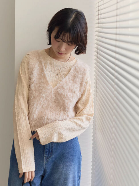 Samansa Mos2 blue「ふくれジャカードクルーネックプルオーバー」|Tシャツ・カットソー|