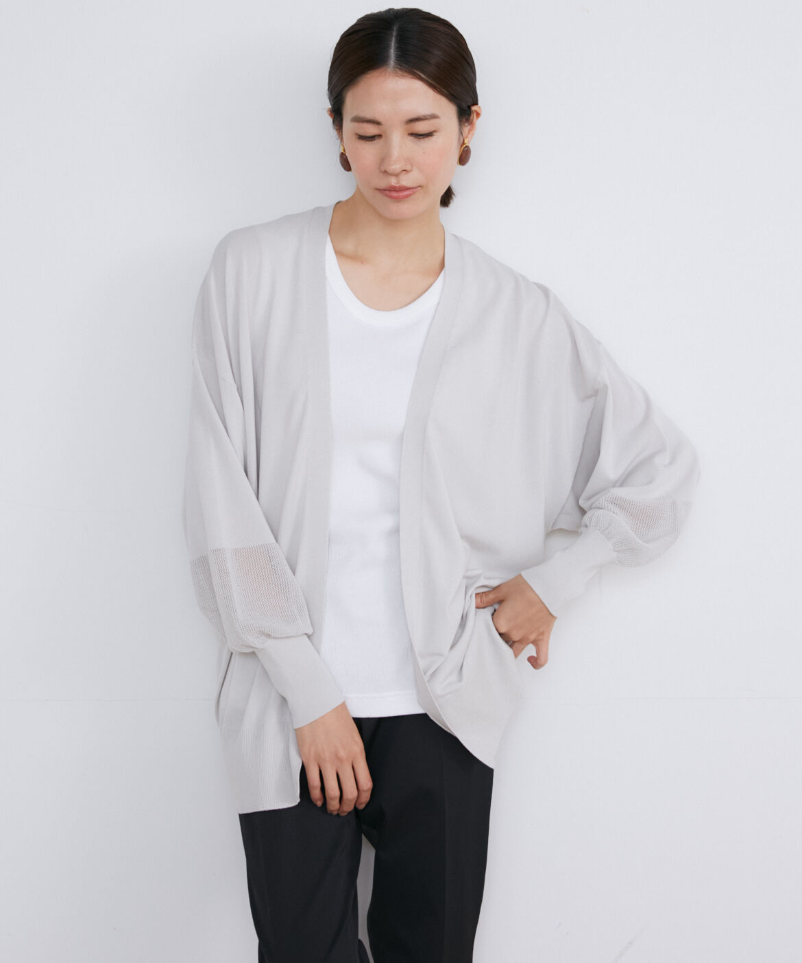 INED「メッシュ袖着流しカーディガン」|カーディガン|