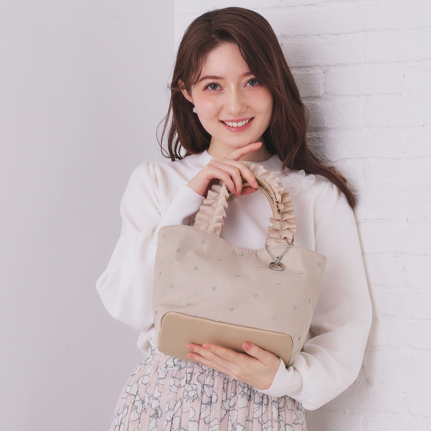 index「持ち手フリルビジューミドルトートバッグ【2WAY】」|トートバッグ|ベージュ(052)