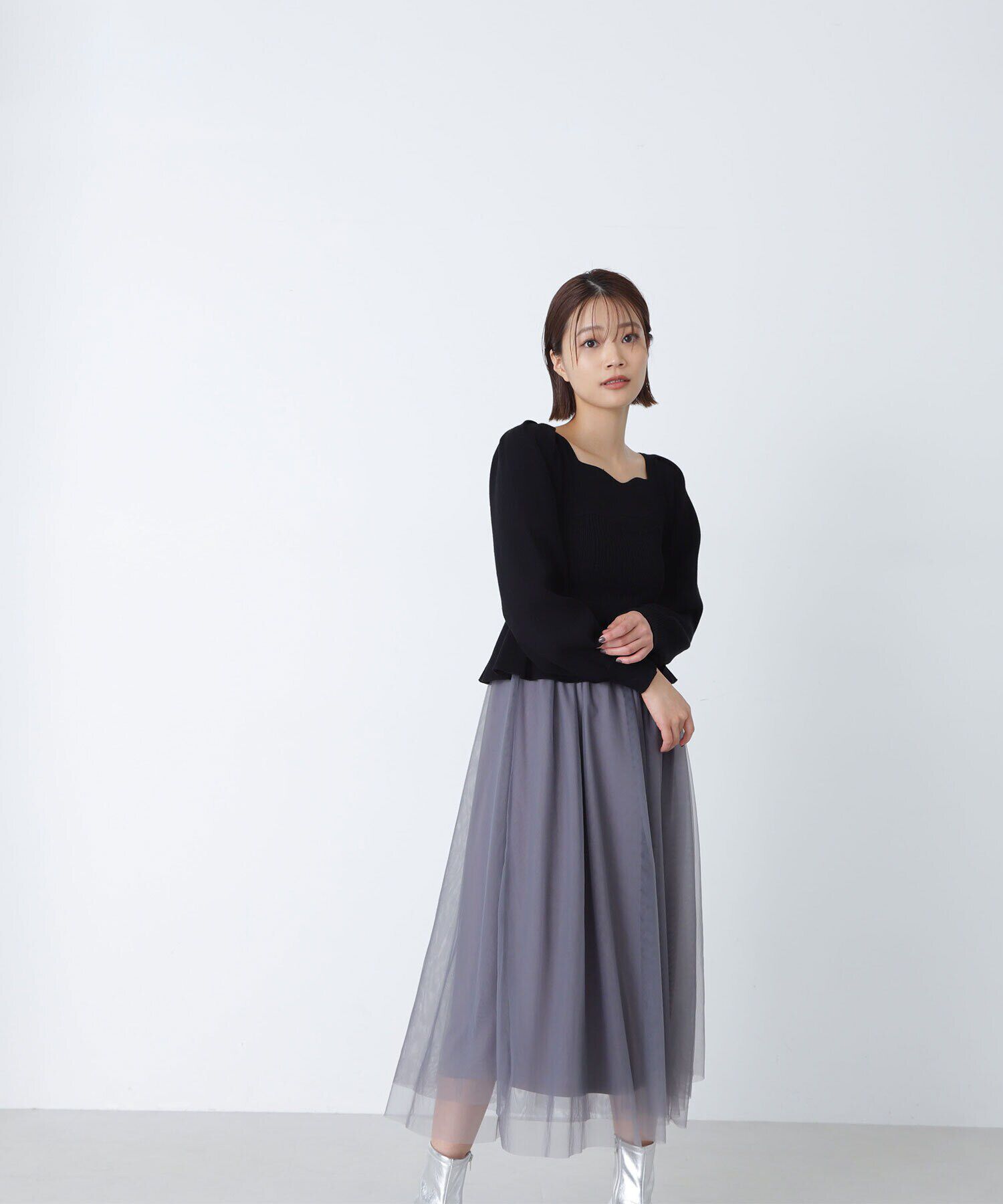  「ペプラムチュールニットワンピース」|ワンピース|