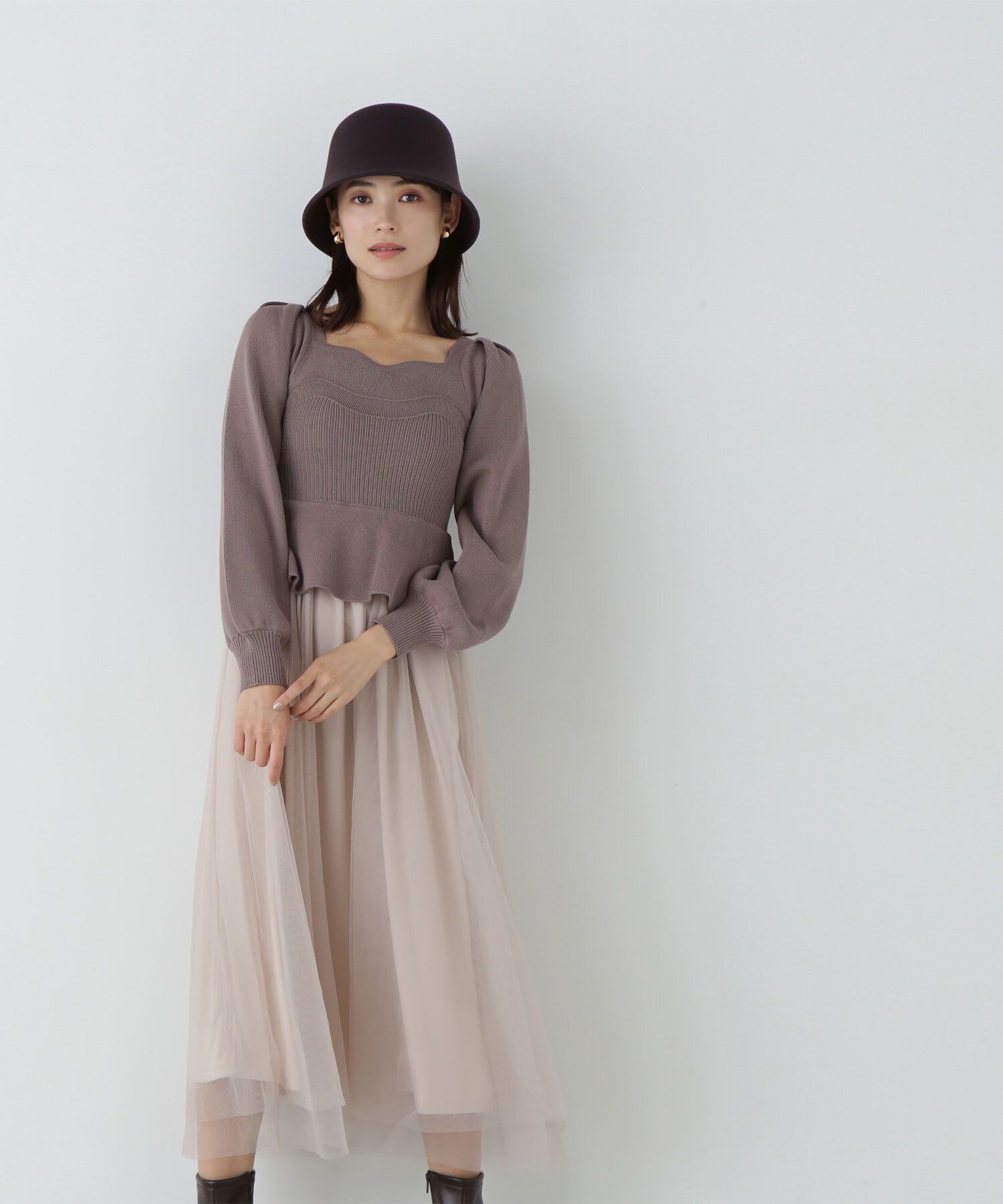  「ペプラムチュールニットワンピース」|ワンピース|モーヴ&times;グレ  2