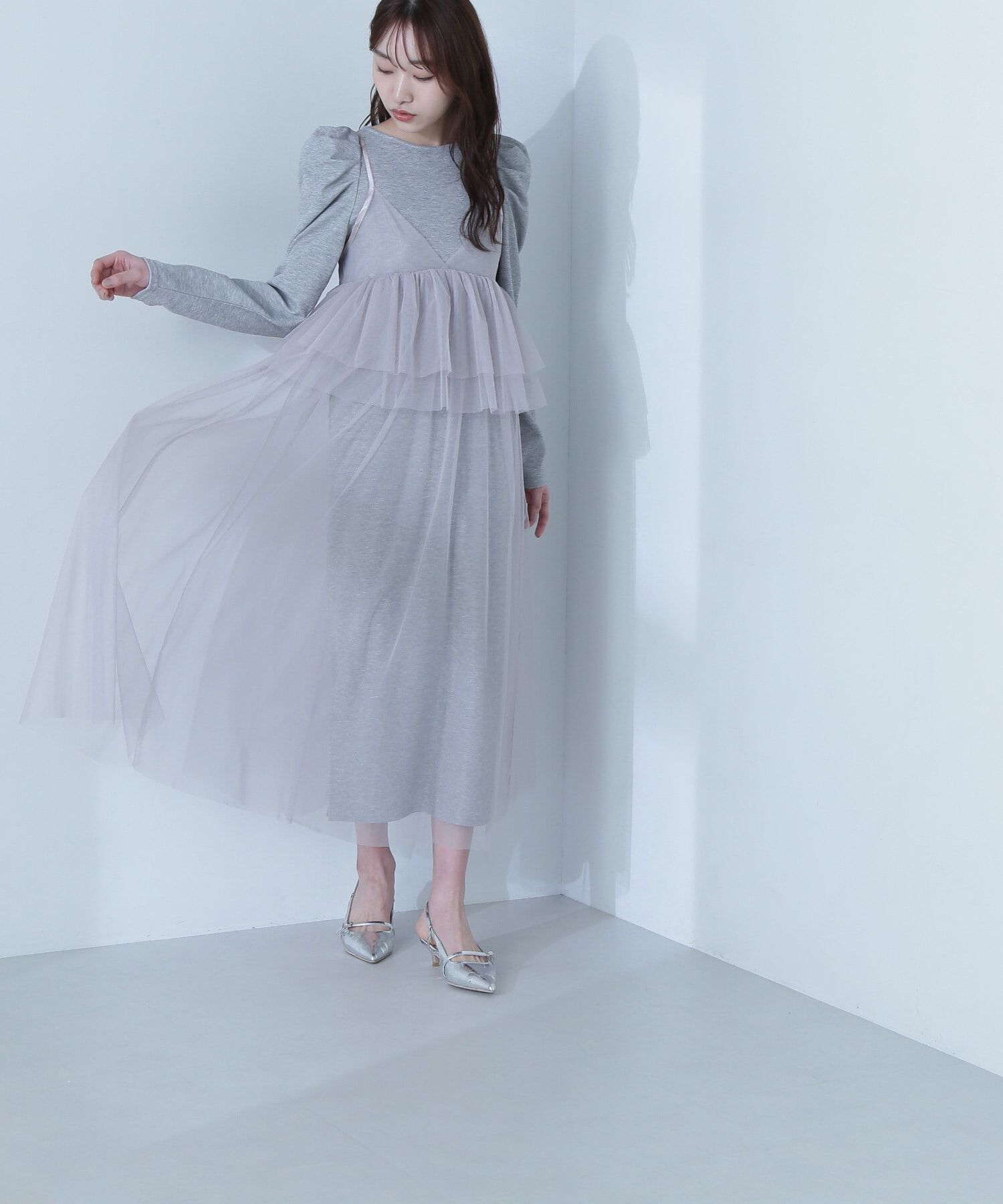  「カットソーレイヤードチュールワンピース」|ワンピース|グレー&times;グレー