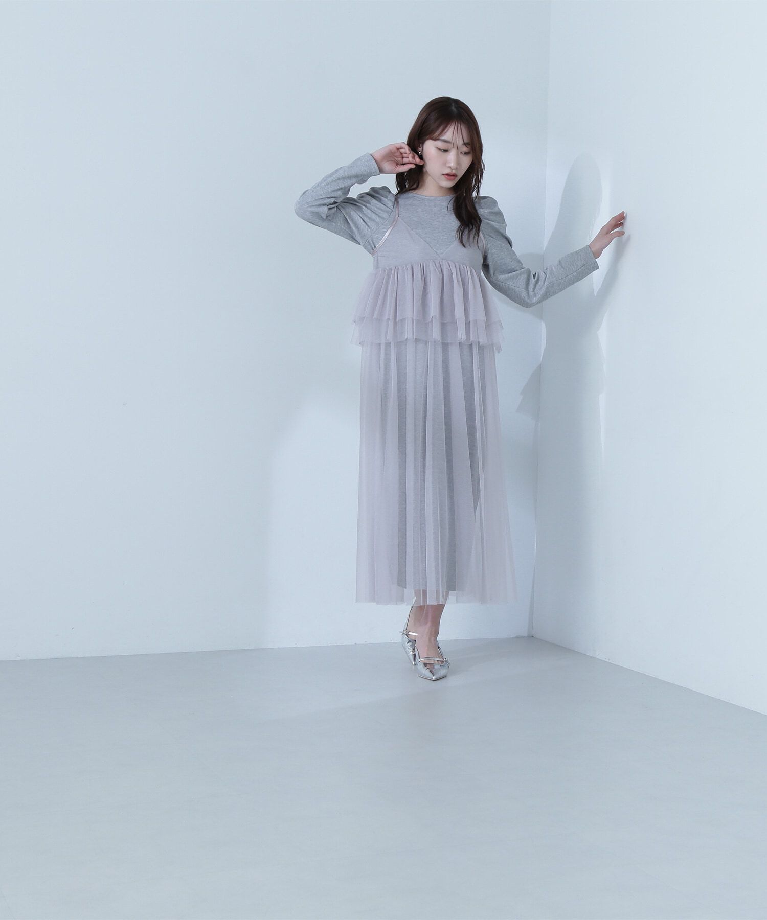  「カットソーレイヤードチュールワンピース」|ワンピース|