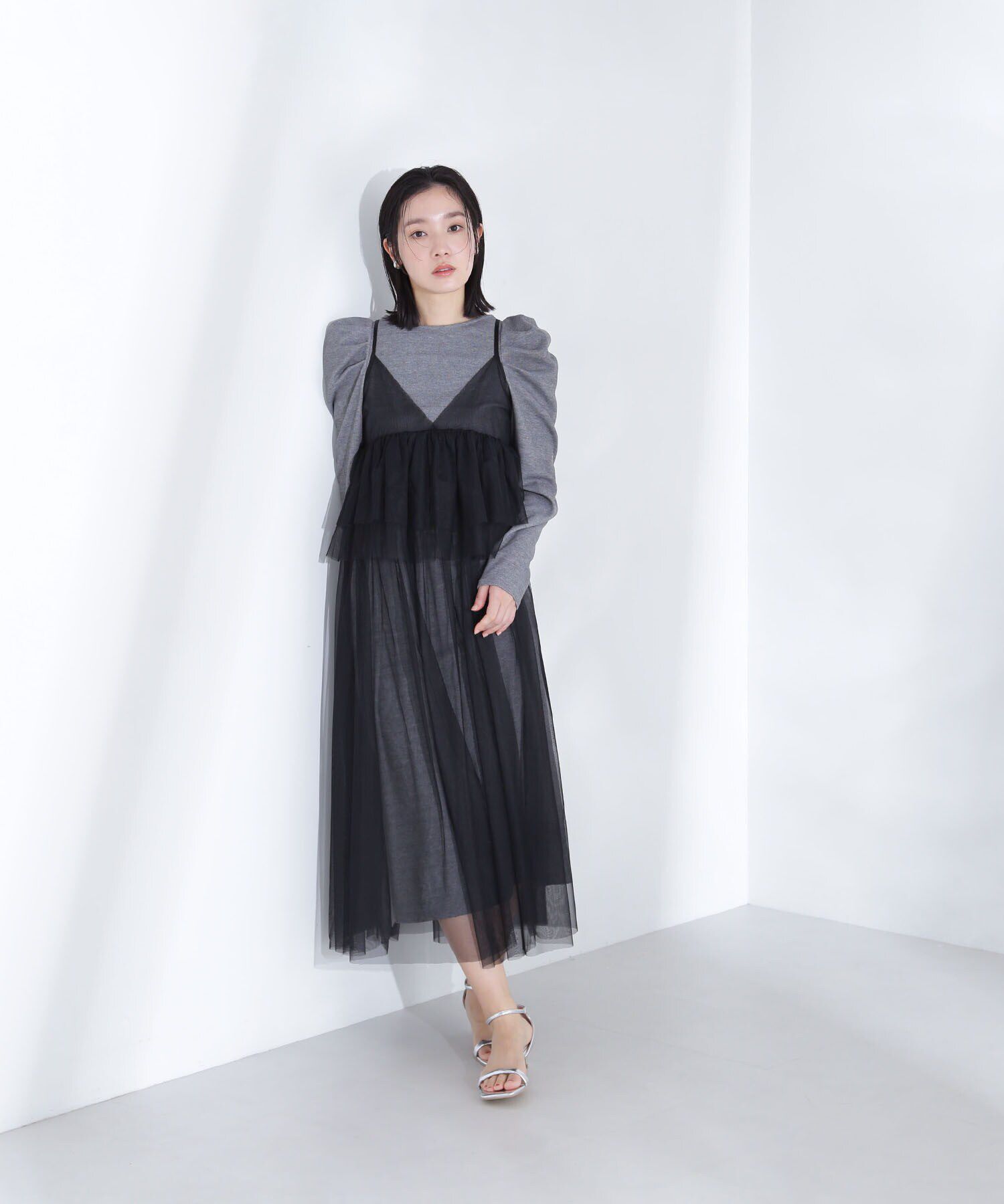 「カットソーレイヤードチュールワンピース」|ワンピース|チャコール&times;  1