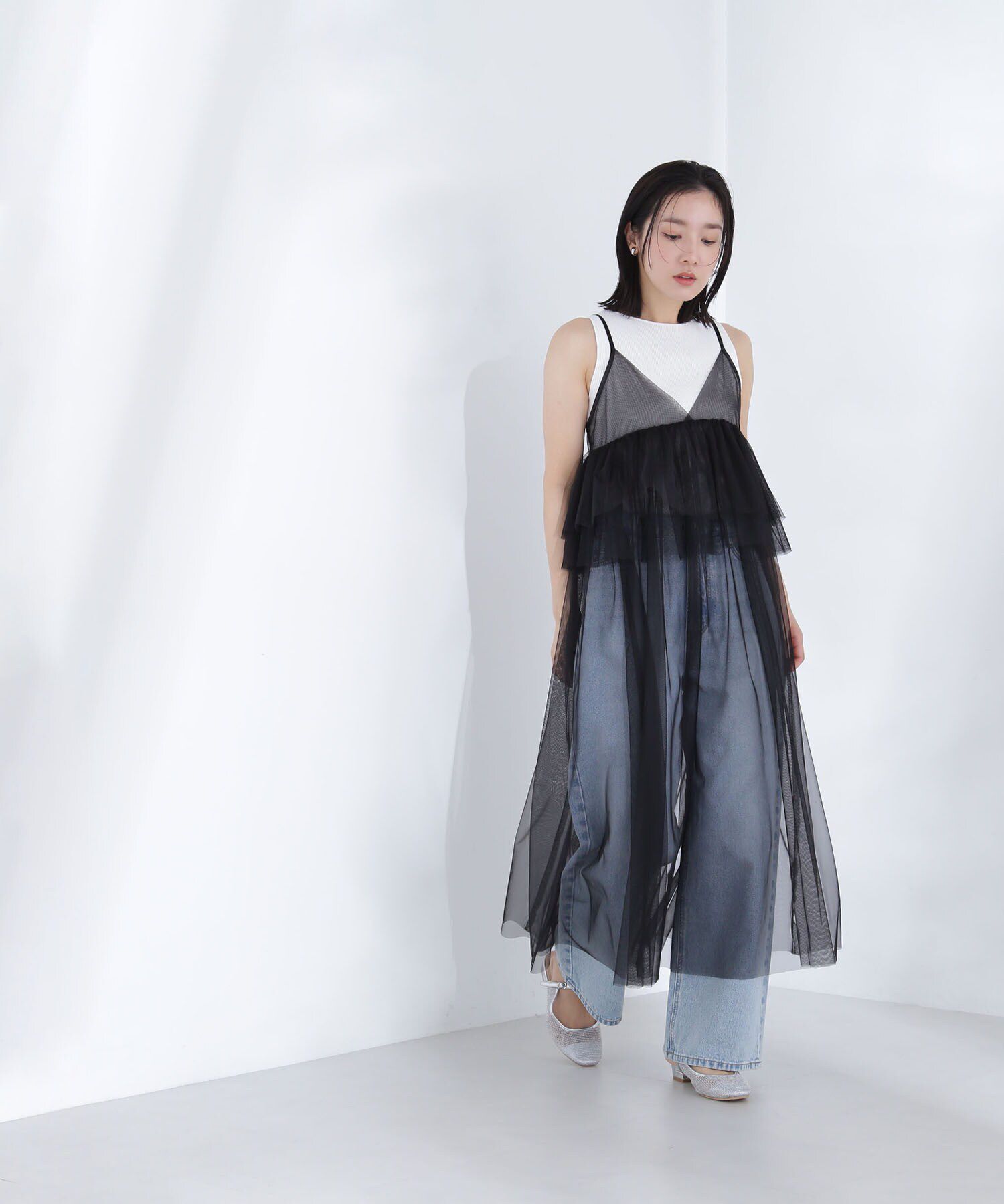  「カットソーレイヤードチュールワンピース」|ワンピース|