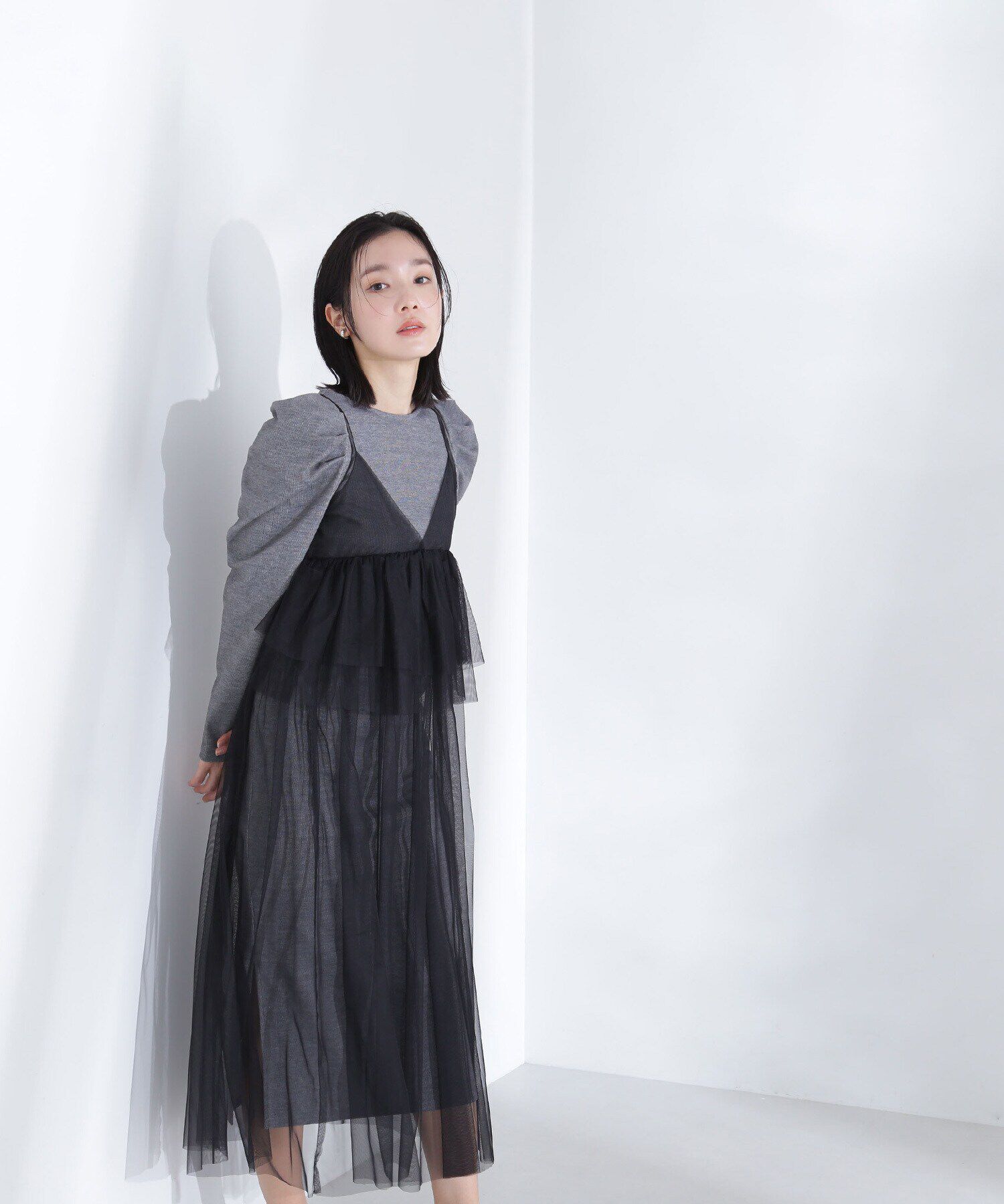  「カットソーレイヤードチュールワンピース」|ワンピース|
