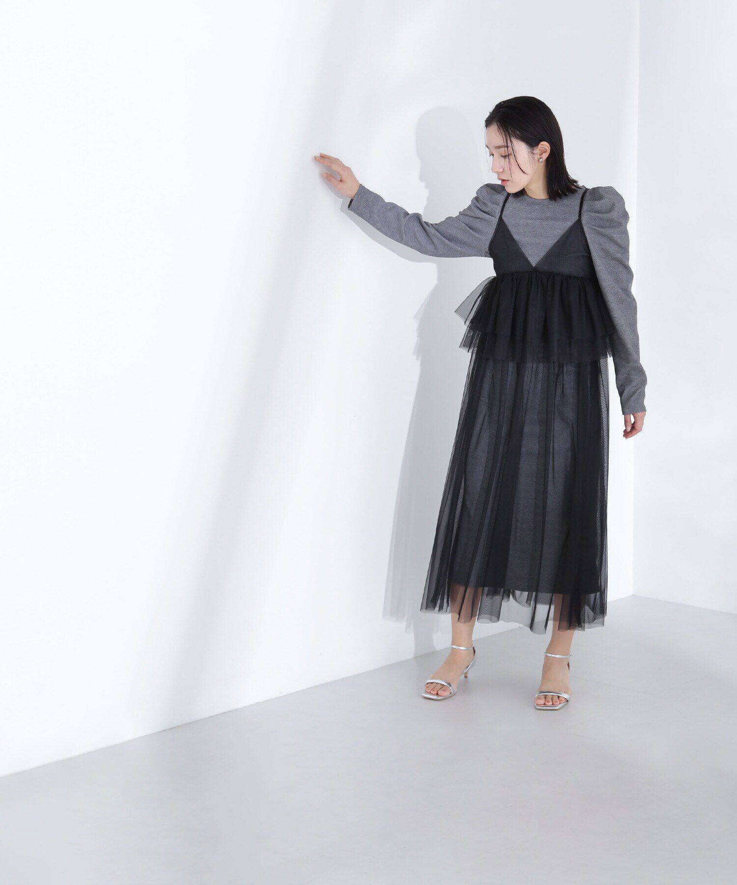  「カットソーレイヤードチュールワンピース」|ワンピース|