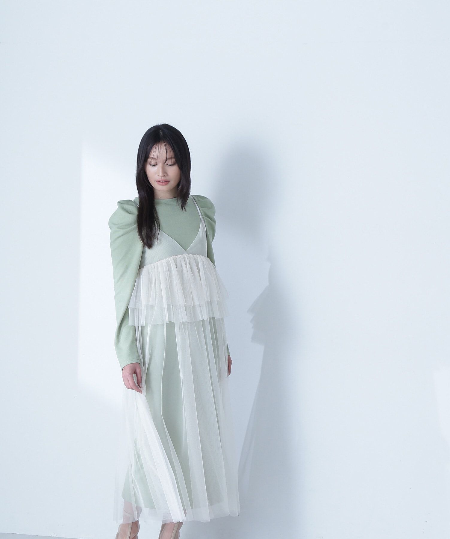  「カットソーレイヤードチュールワンピース」|ワンピース|