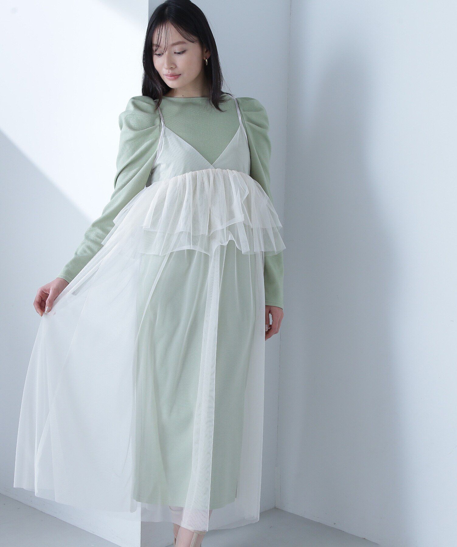  「カットソーレイヤードチュールワンピース」|ワンピース|