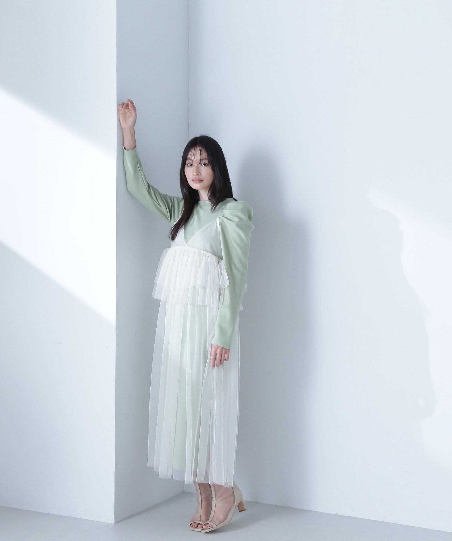  「カットソーレイヤードチュールワンピース」|ワンピース|