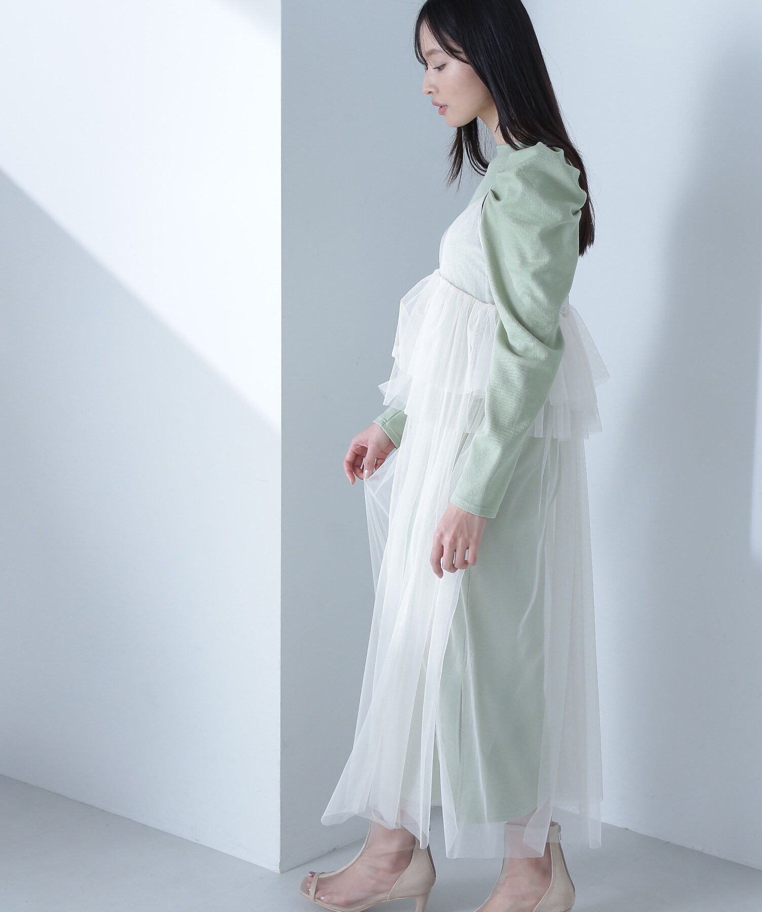  「カットソーレイヤードチュールワンピース」|ワンピース|