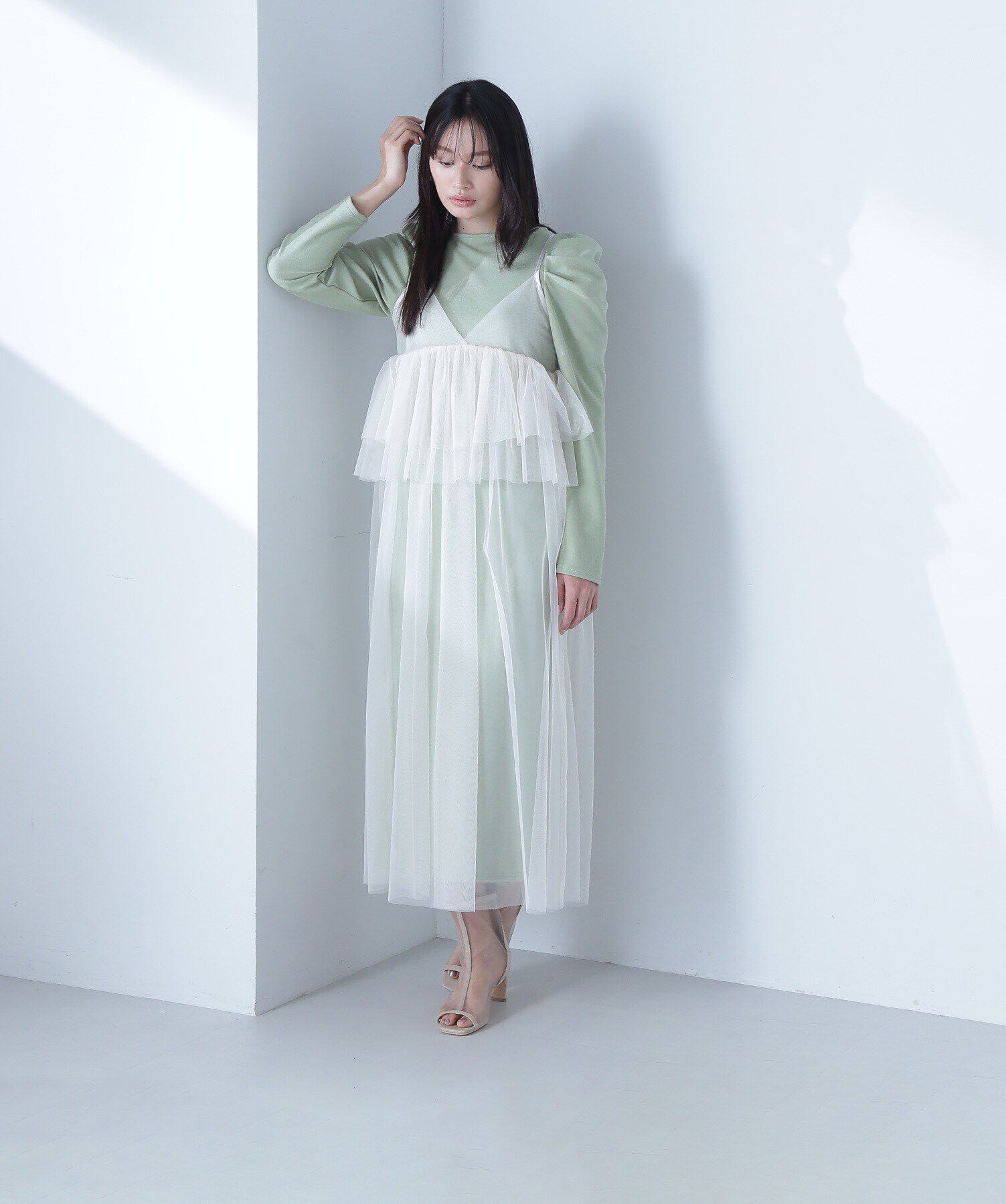  「カットソーレイヤードチュールワンピース」|ワンピース|