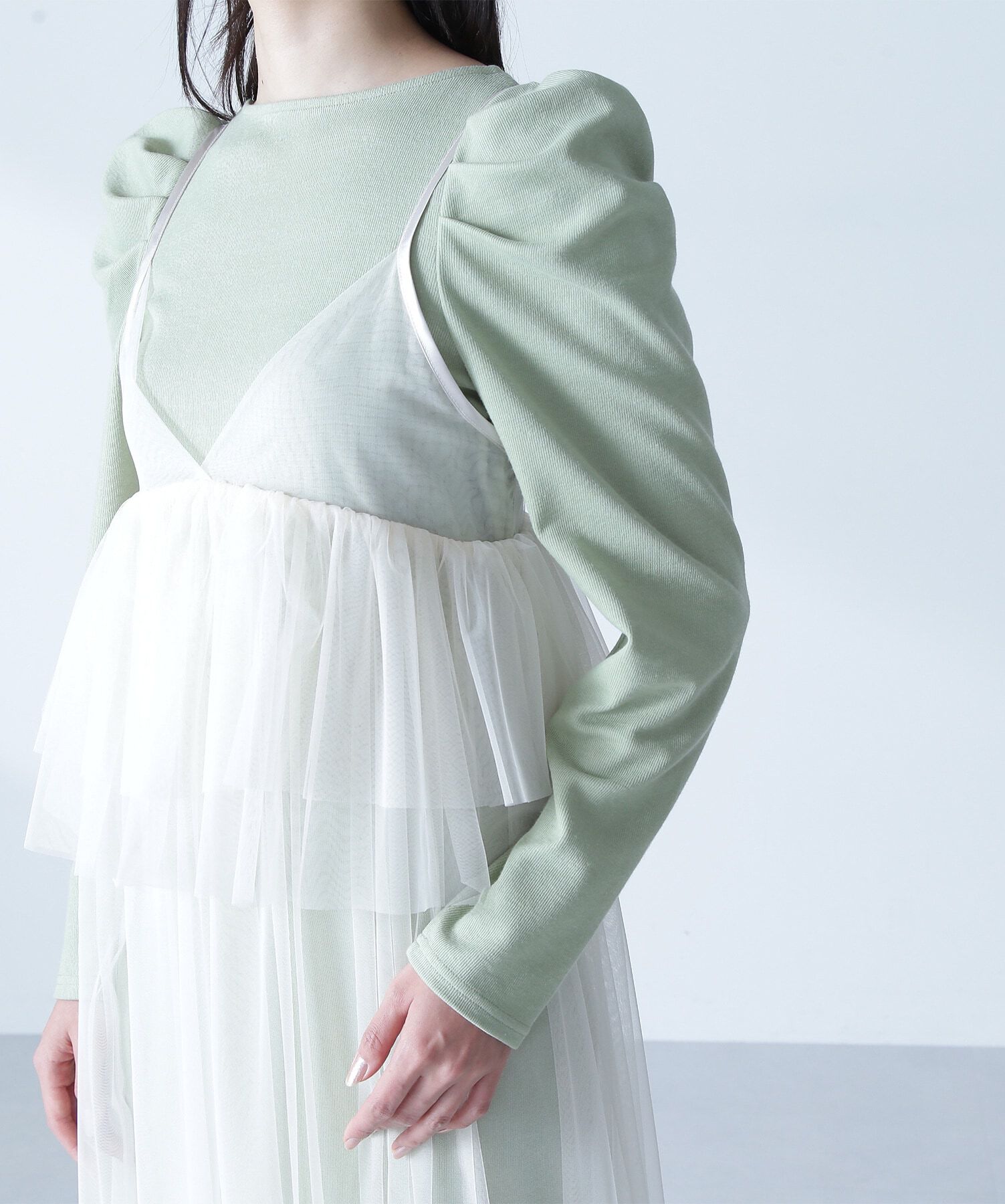  「カットソーレイヤードチュールワンピース」|ワンピース|