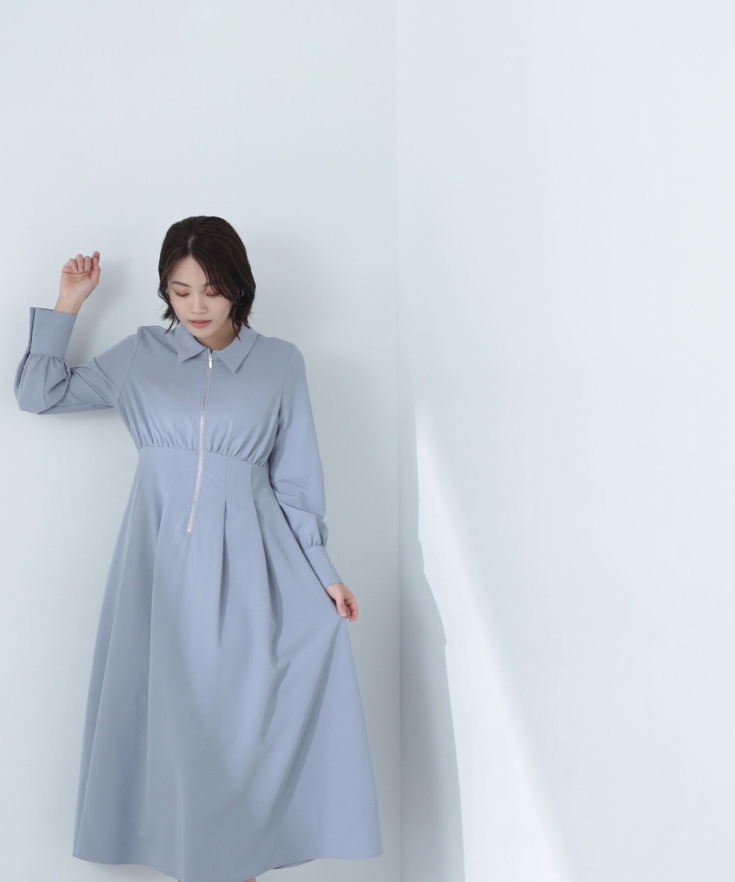  「襟付フロントジップワンピース」|ワンピース|ブルー
