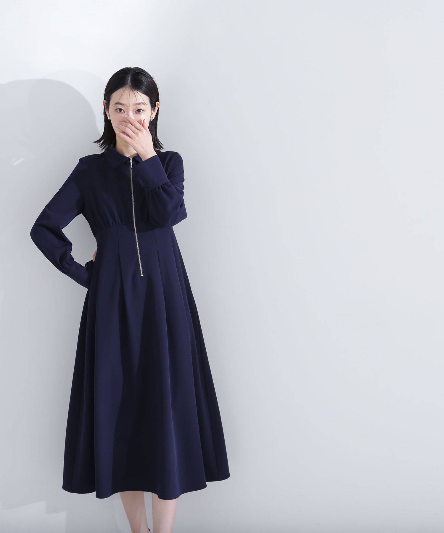  「襟付フロントジップワンピース」|ワンピース|ネイビー