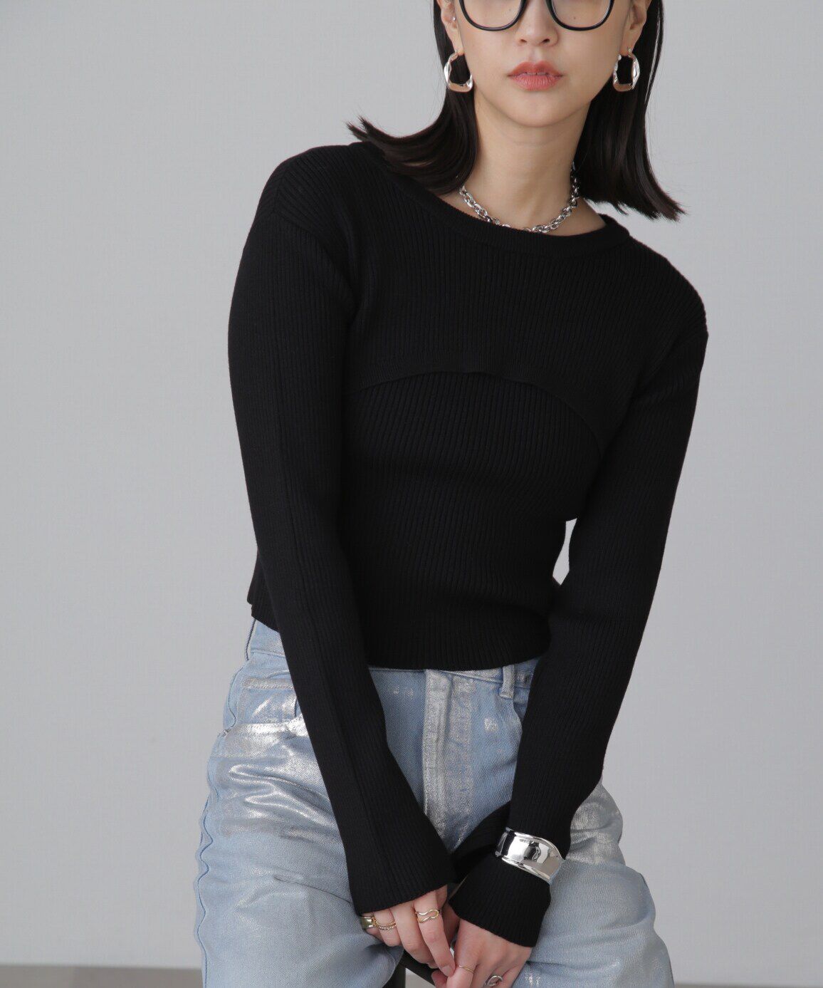  「ショート丈リブニット&times;タンクトップセット」|ニット・セーター|ブラック