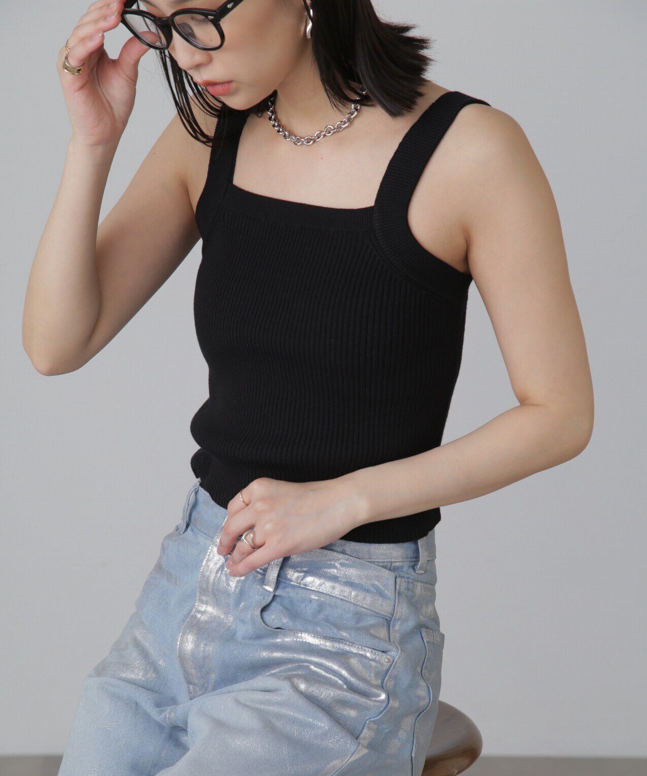  「ショート丈リブニット&times;タンクトップセット」|ニット・セーター|