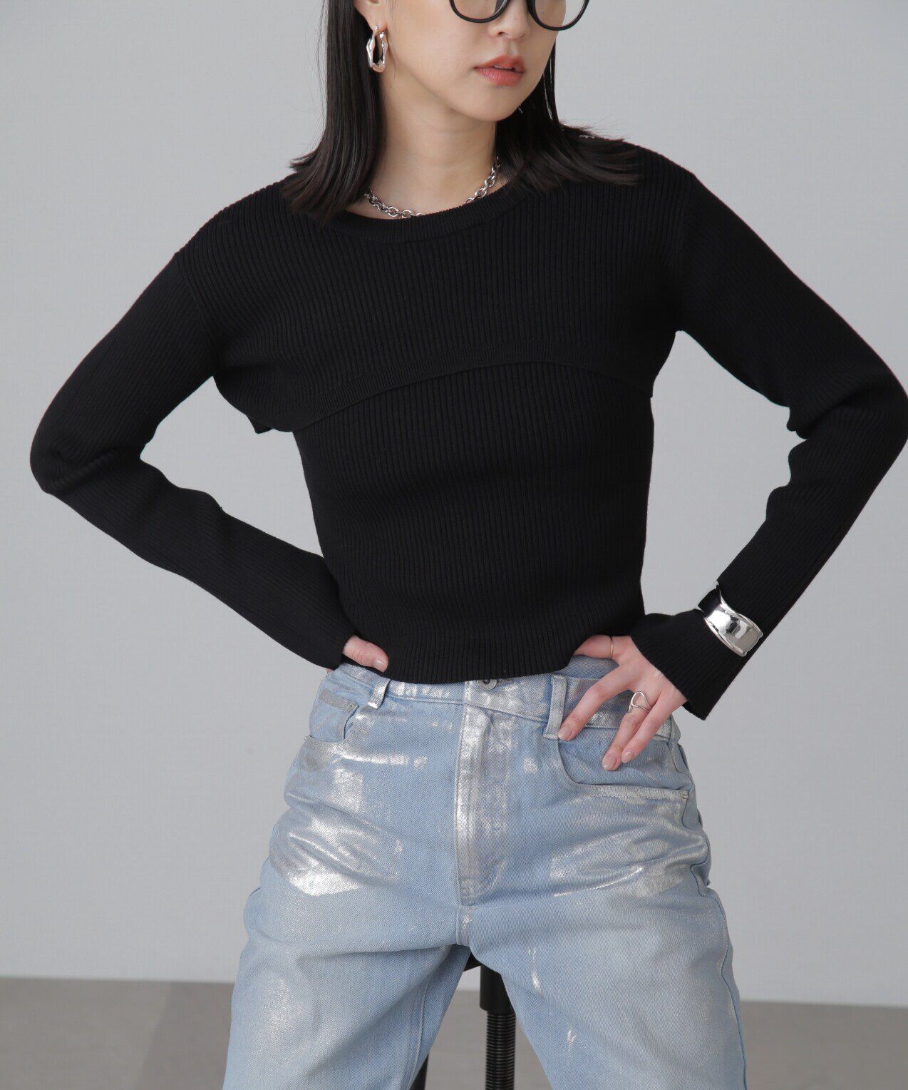  「ショート丈リブニット&times;タンクトップセット」|ニット・セーター|