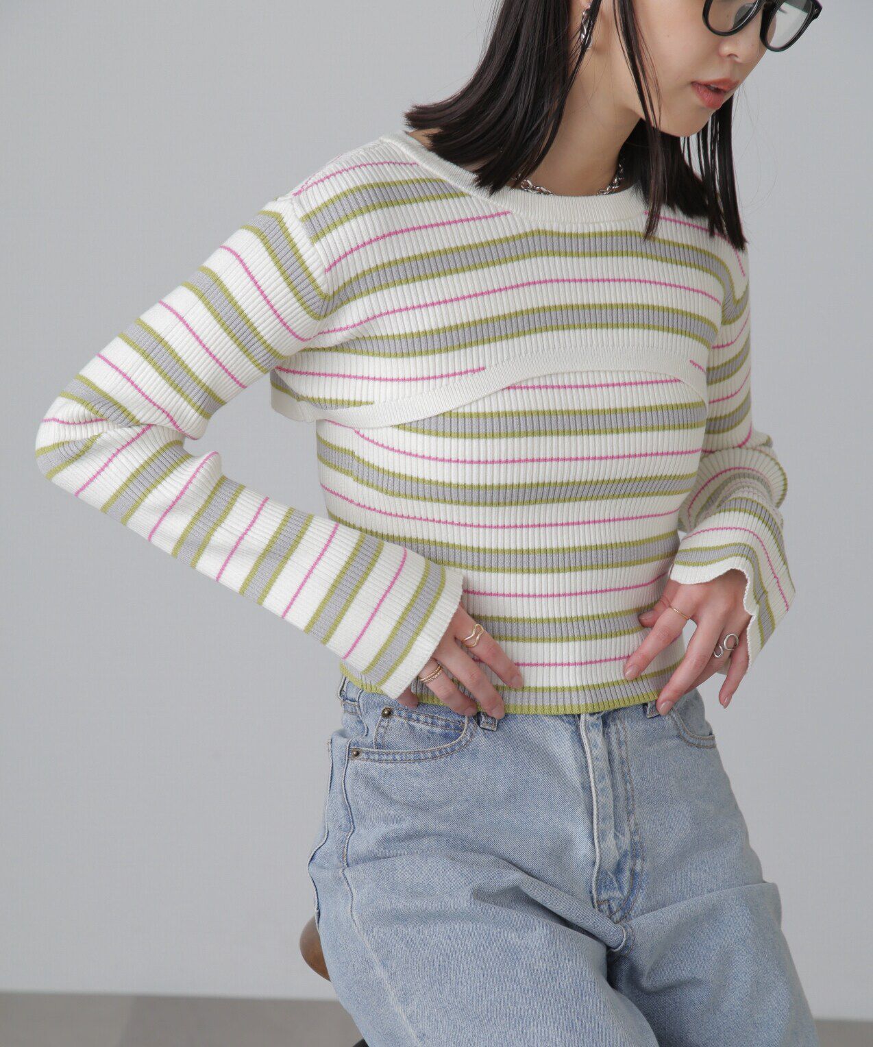  「ショート丈リブニット&times;タンクトップセット」|ニット・セーター|