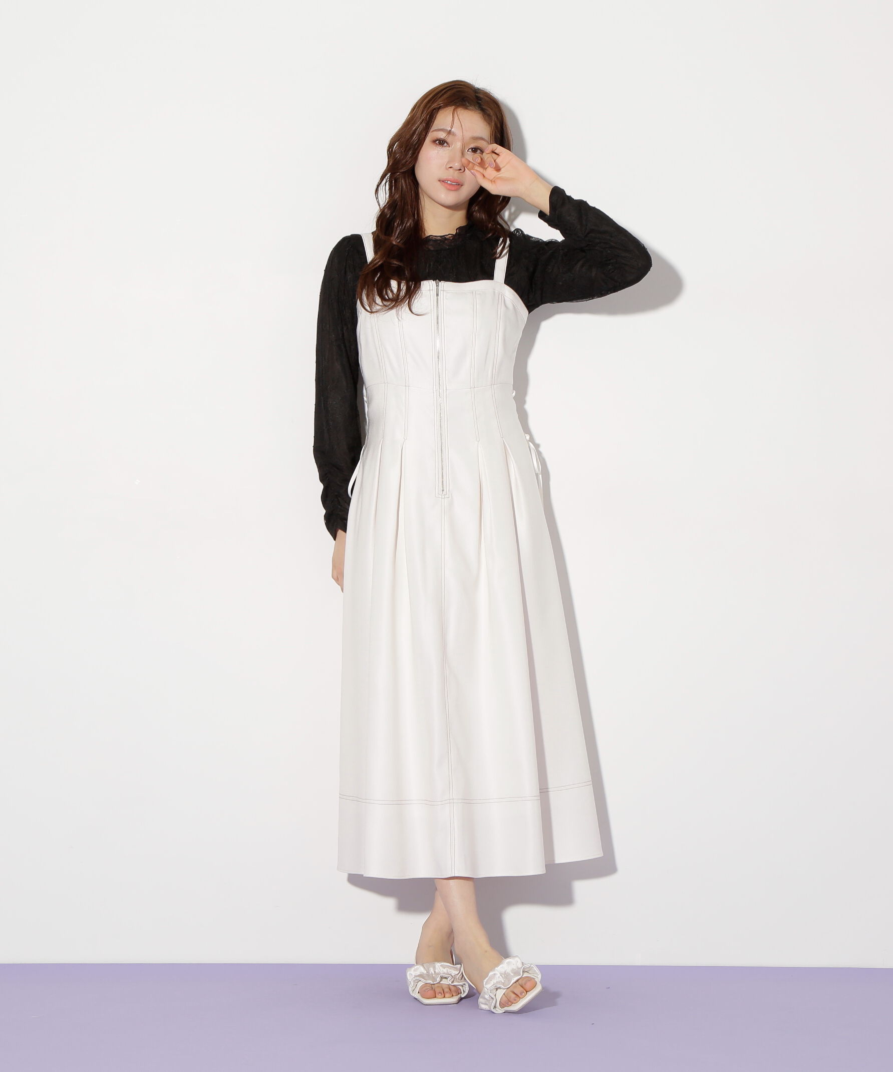  「デニムライクステッチシリーズ２　レースアップワンピース」|ワンピース|