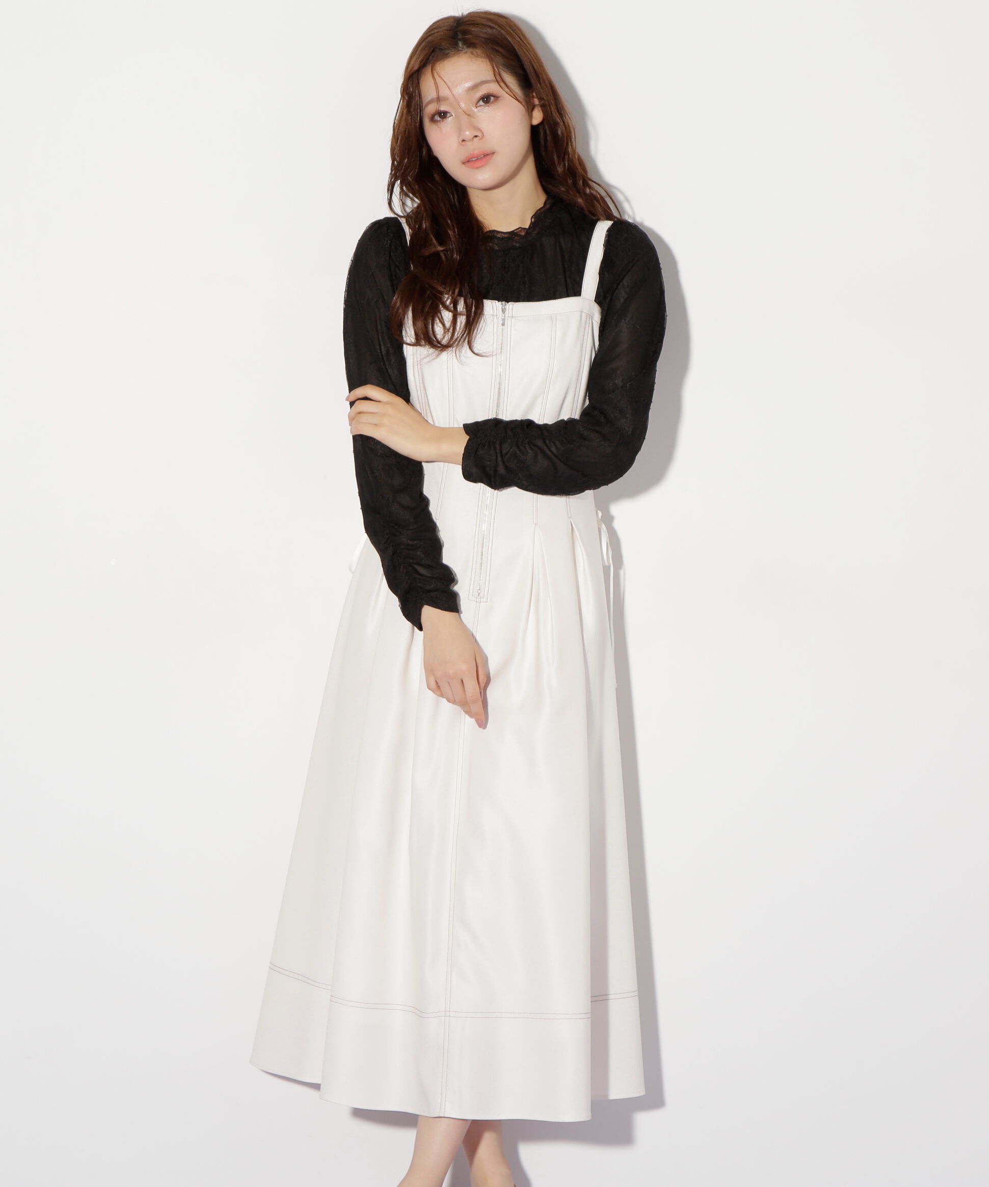  「デニムライクステッチシリーズ２　レースアップワンピース」|ワンピース|